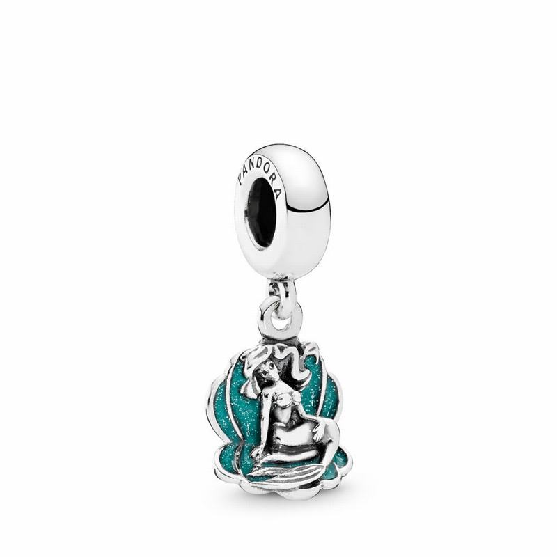 Pandora Disney Ariel & Sea Shell Dangle Charm Ireland - Sterling Silver/Enamel/Green - 213704ANT